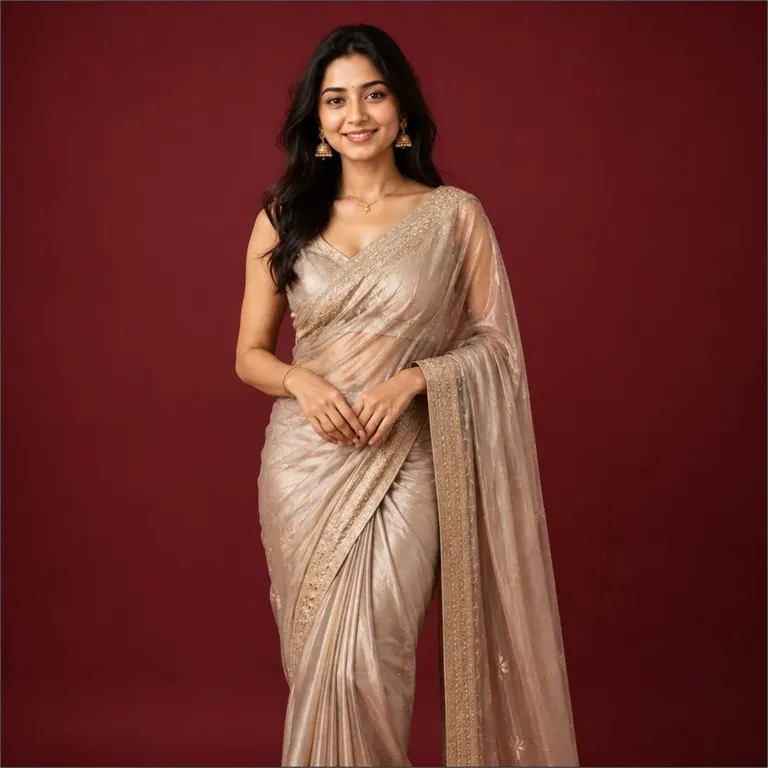A woman in a teal saree, composed and looking to camera