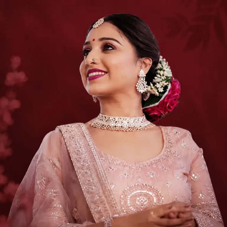 A woman in a pale gold saree, softly lit