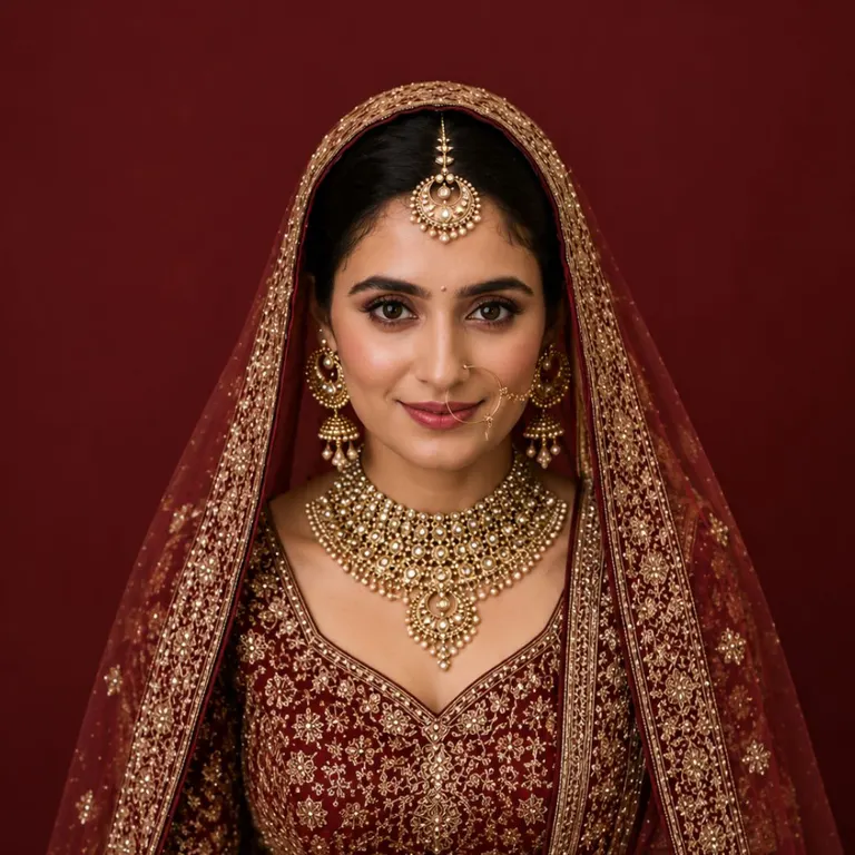 A bride in traditional jewellery and a red dupatta