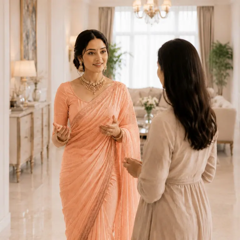 A woman receiving guests at a laid table