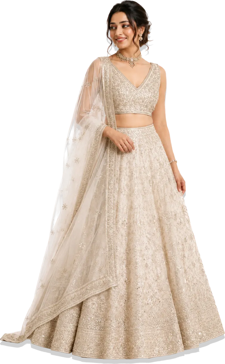 A young woman in a white lehenga, standing with quiet confidence